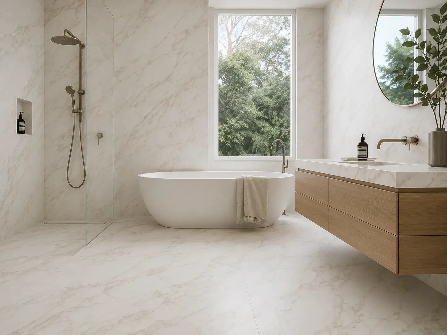 Calacatta Warm marble-effect porcelain tiles in an Australian bathroom