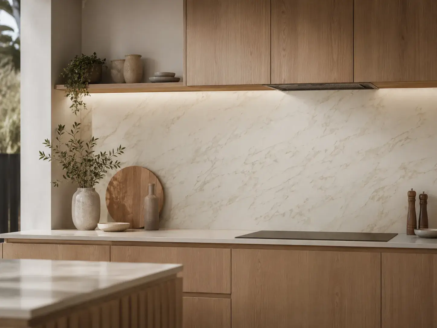 Honed marble-effect porcelain tile on a kitchen splashback, warm gold veining