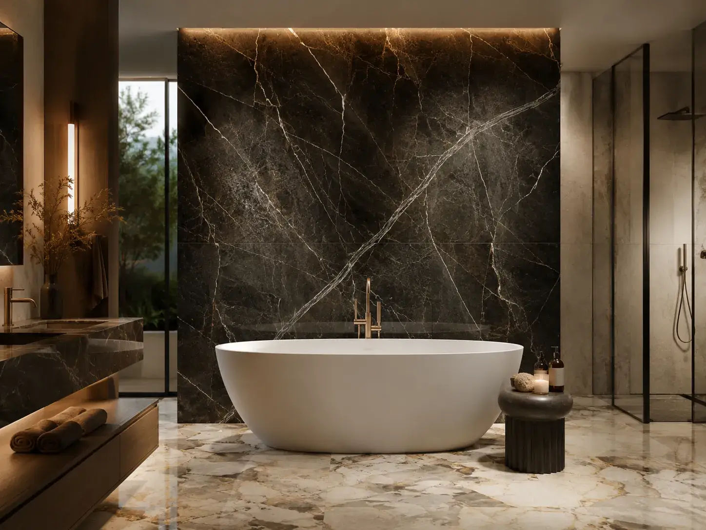 Marvel T dark marble porcelain tile on a bathroom feature wall with freestanding bath
