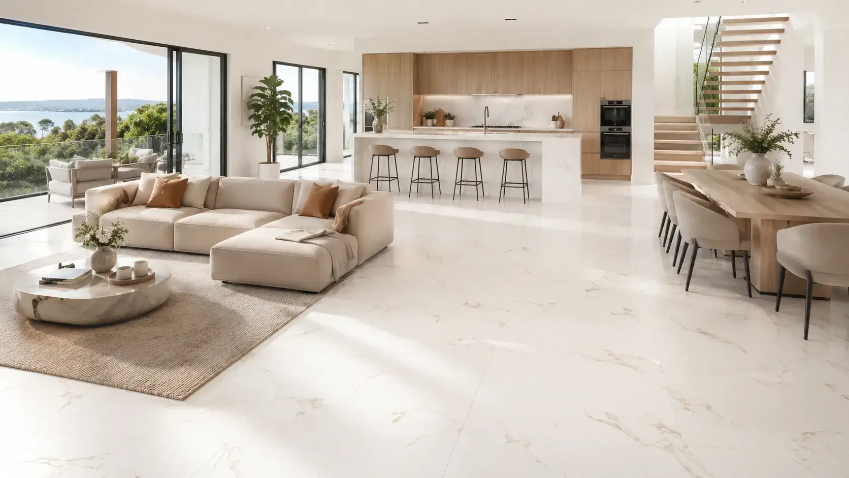 Large-format marble-look porcelain tile flooring in an open-plan Australian living room