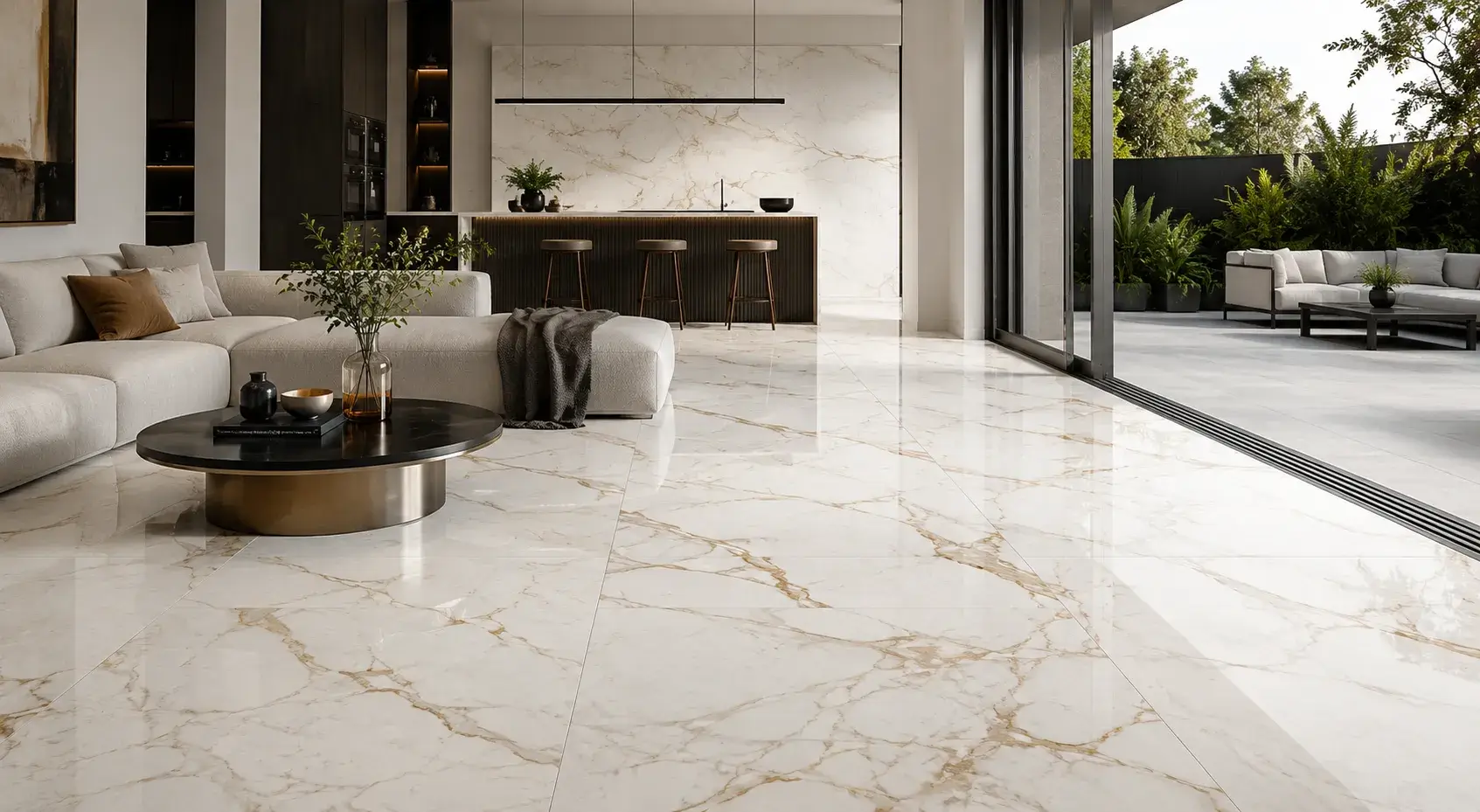 Large-format porcelain tiles in a contemporary Australian living room