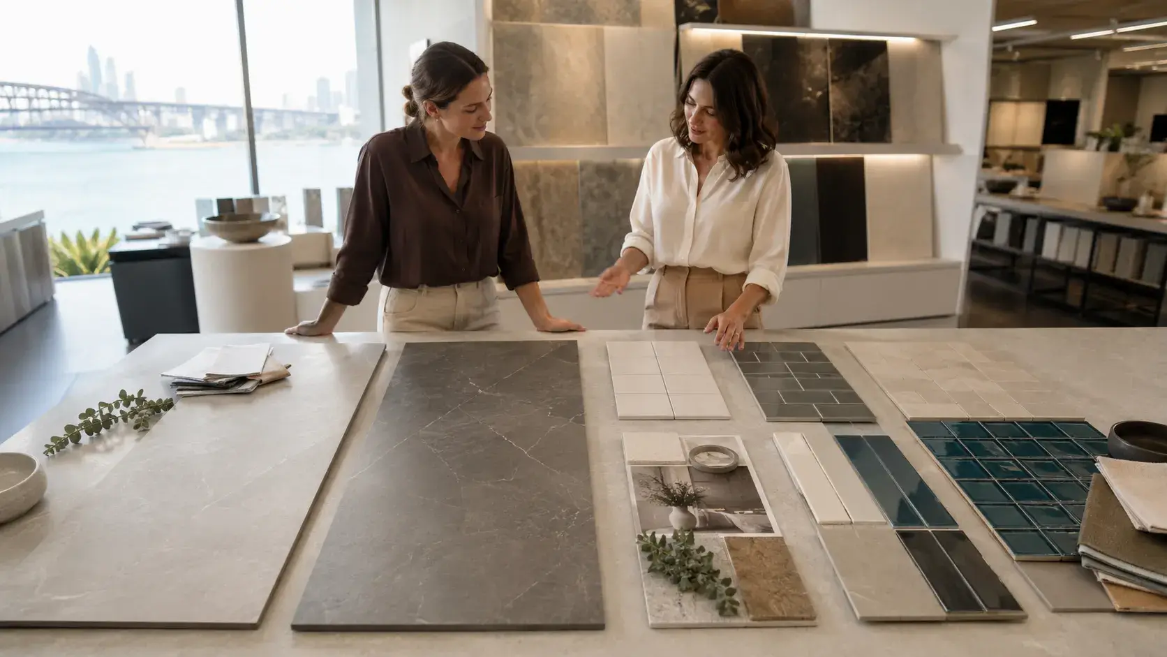 Cross-section comparison of porcelain tile (dense, uniform) vs ceramic tile (coarser clay body)