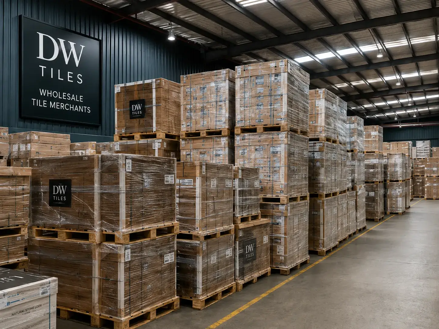 DW Tiles wholesale tile warehouse with stacked pallet stock of 70+ collections