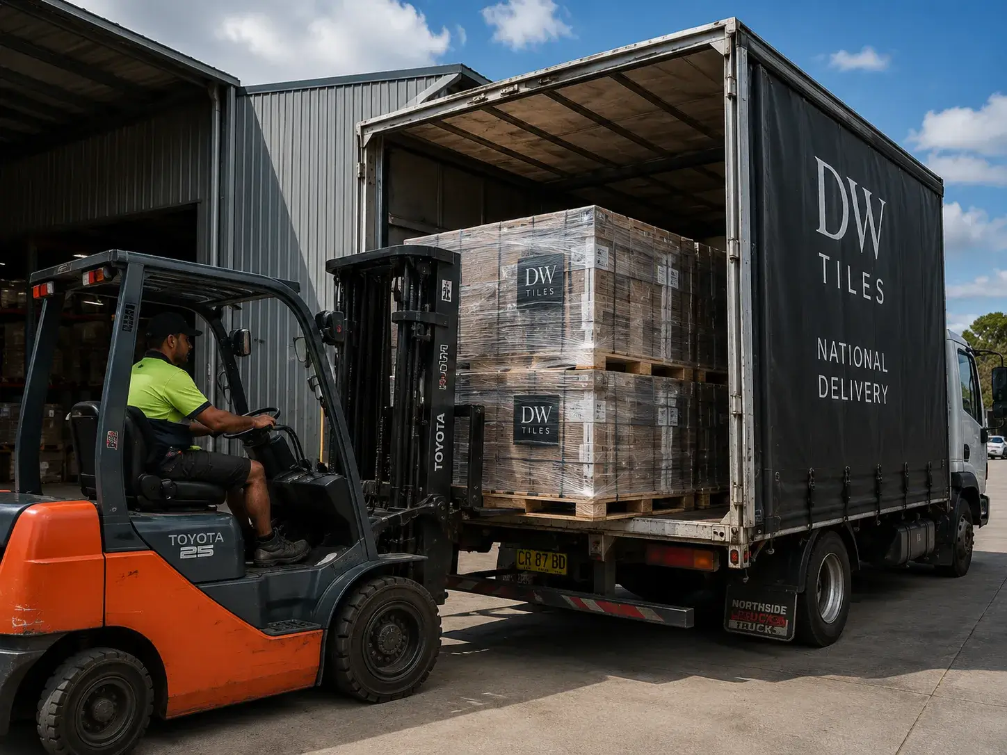 Pallet of wholesale tiles being loaded for national delivery