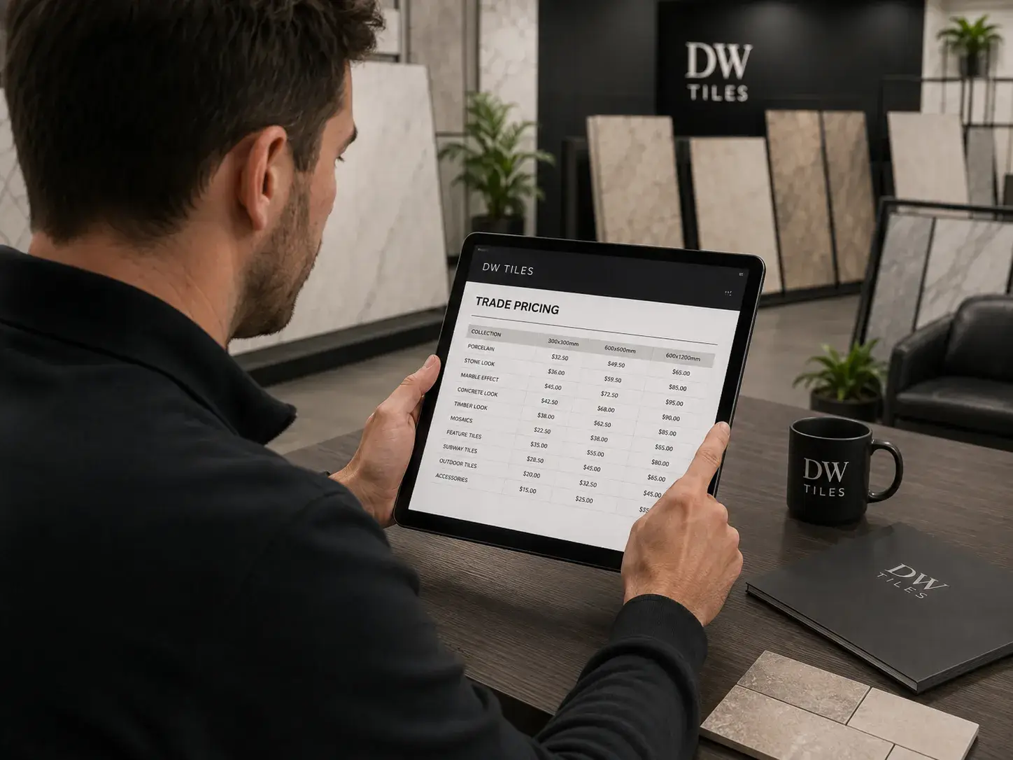 Trade buyer reviewing DW Tiles wholesale tile pricing on a tablet in the showroom