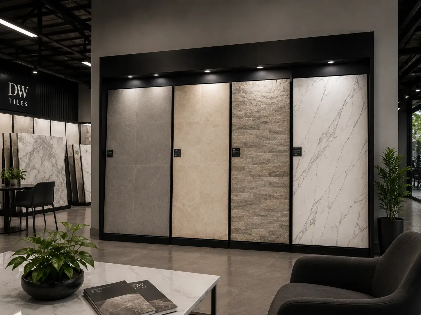 DW Tiles wholesale tile range display showing porcelain, stone-look and marble-effect collections
